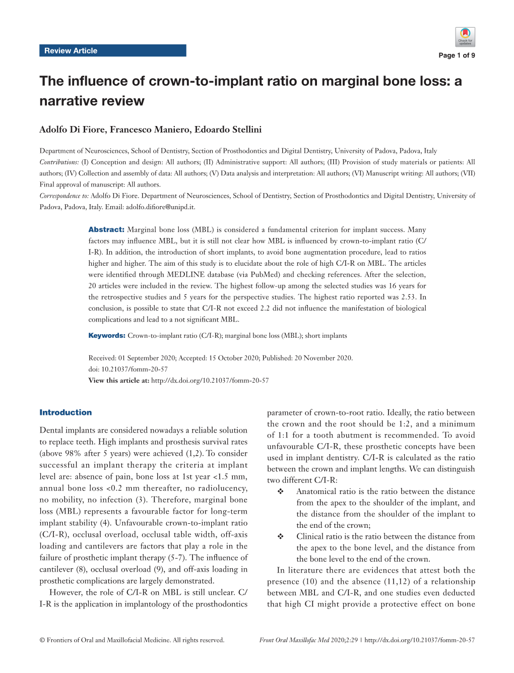 The Influence of Crown-To-Implant Ratio on Marginal Bone Loss: a Narrative Review