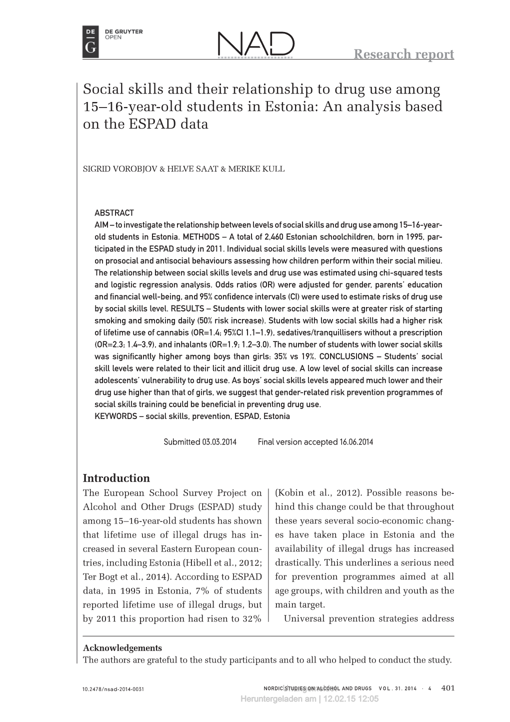 Social Skills and Their Relationship to Drug Use Among 15–16-Year-Old Students in Estonia: an Analysis Based on the ESPAD Data