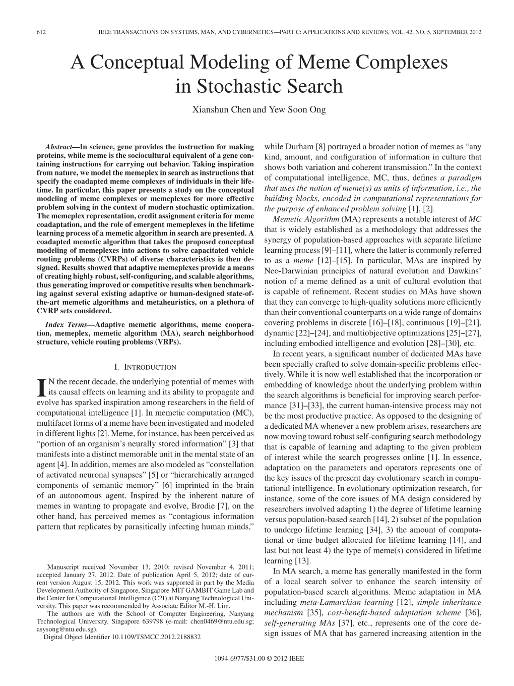 A Conceptual Modeling of Meme Complexes in Stochastic Search Xianshun Chen and Yew Soon Ong