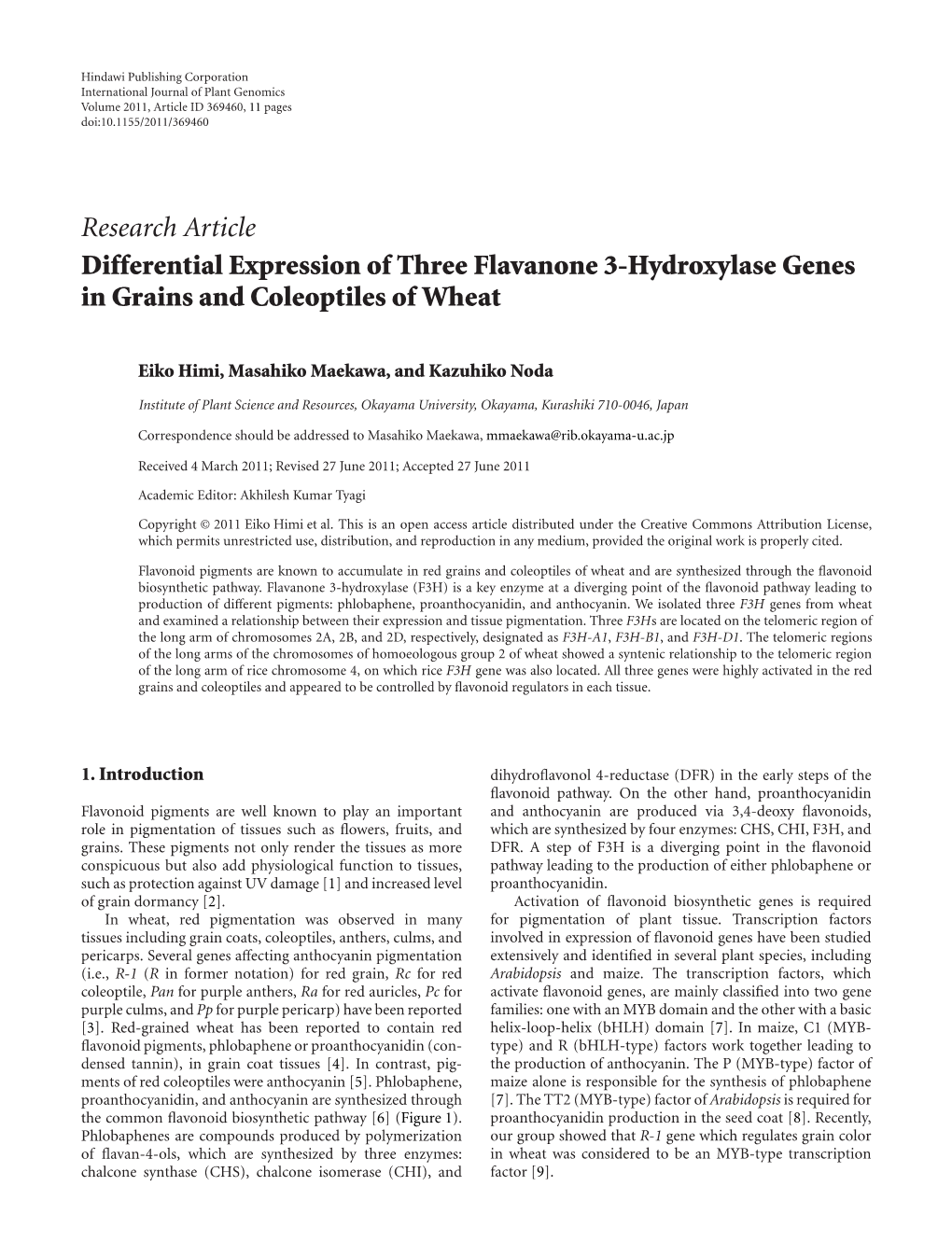 Differential Expression of Three Flavanone 3-Hydroxylase Genes in Grains and Coleoptiles of Wheat