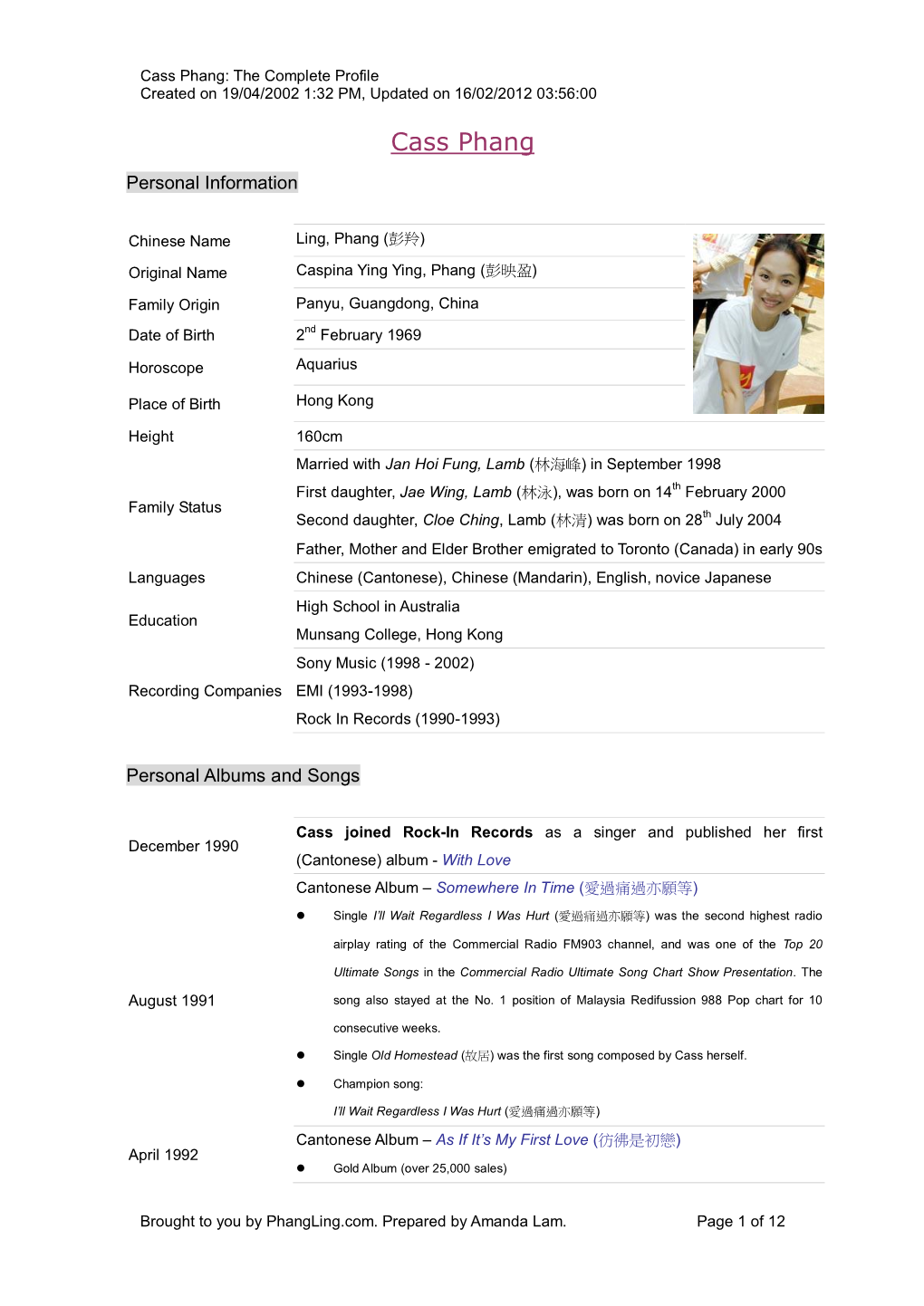 Cass Phang: the Complete Profile Created on 19/04/2002 1:32 PM, Updated on 16/02/2012 03:56:00