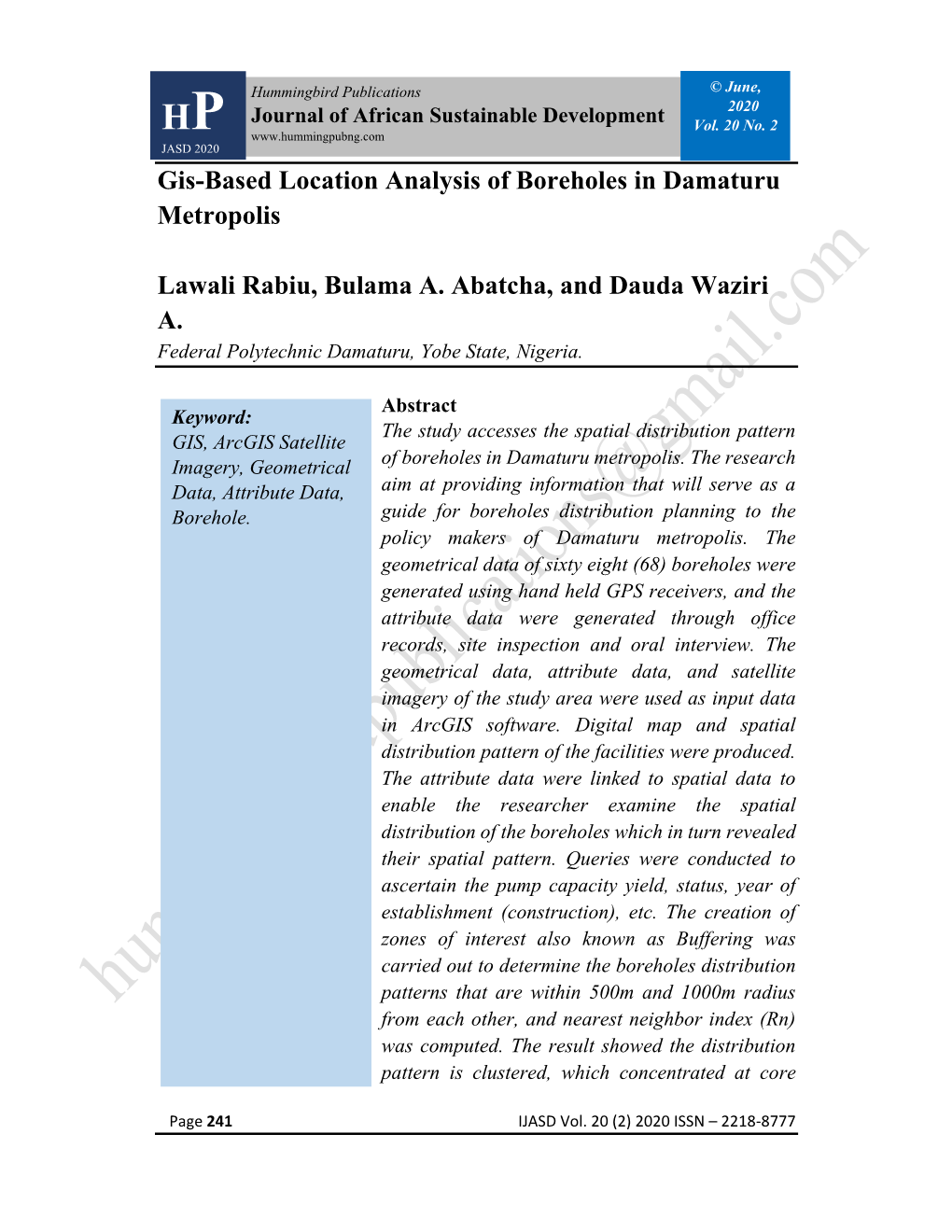 Gis-Based Location Analysis of Boreholes in Damaturu Metropolis