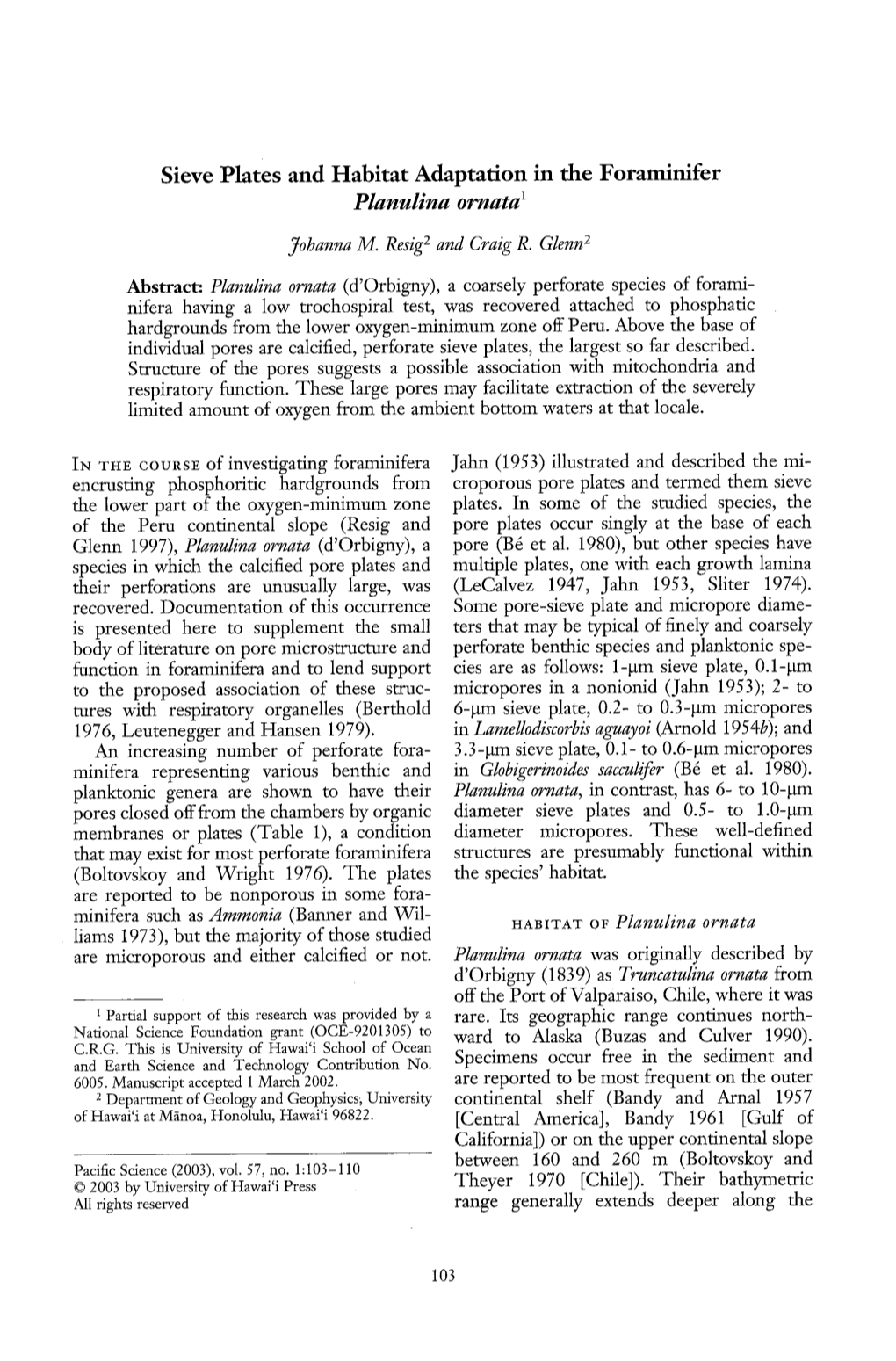 Sieve Plates and Habitat Adaptation in the Foraminifer Planulina Ornatal