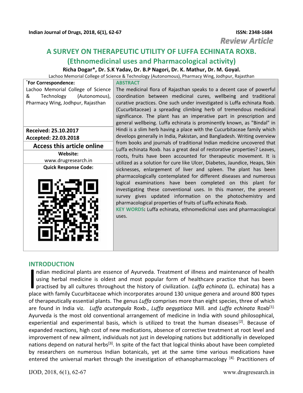A Survey on Therapeutic Utility of Luffa Echinata Roxb