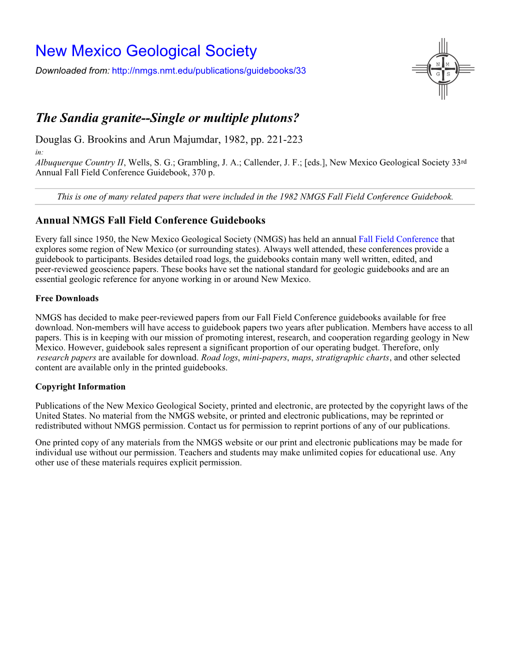 The Sandia Granite--Single Or Multiple Plutons? Douglas G