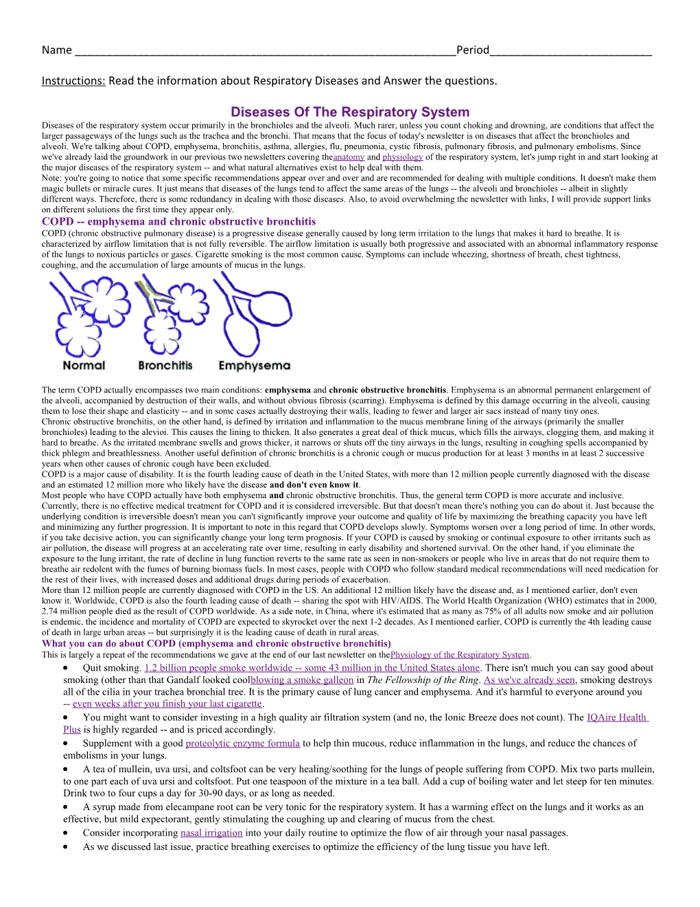 Instructions: Read the Information About Respiratory Diseases and Answer the Questions