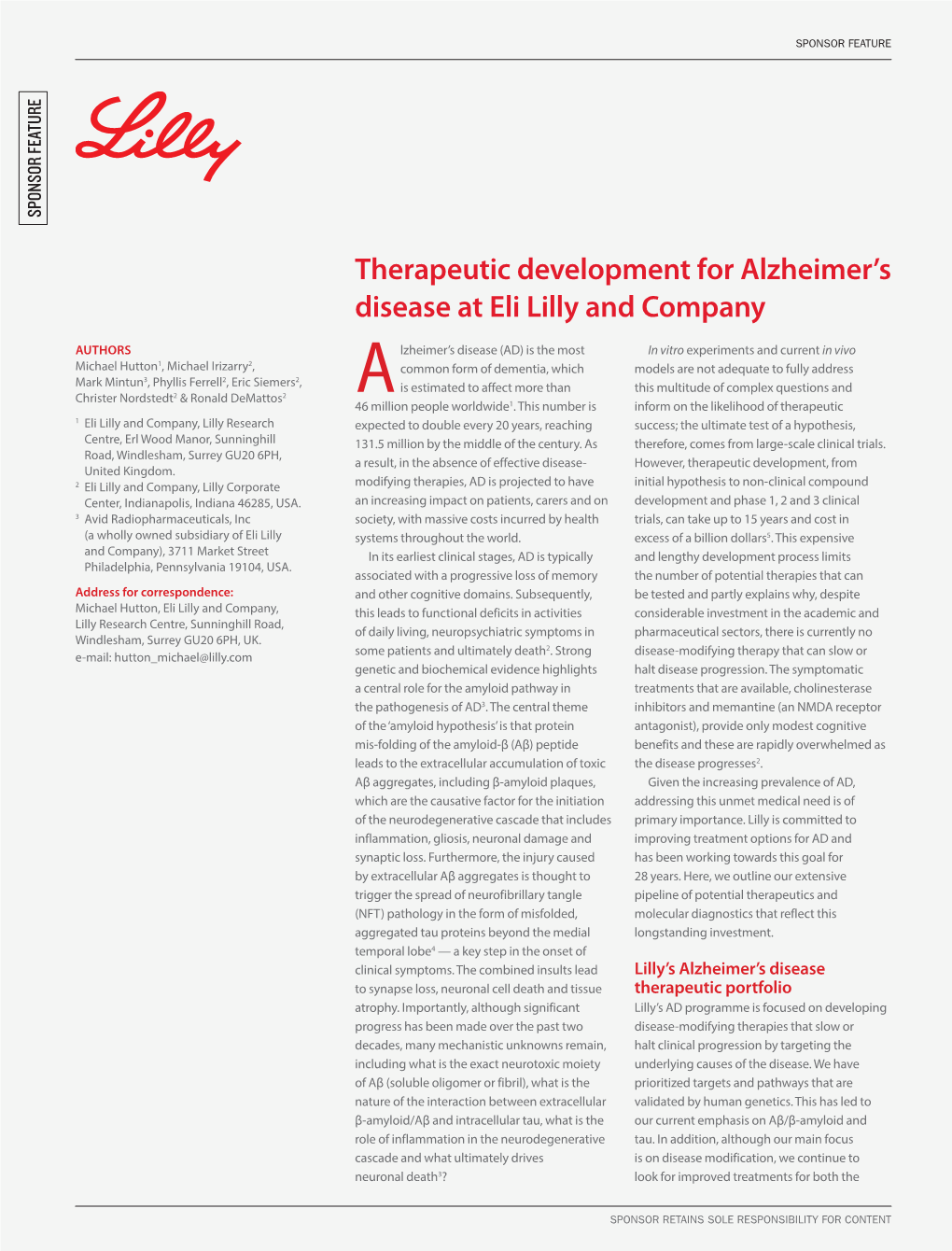 Therapeutic Development for Alzheimer's Disease at Eli Lilly And