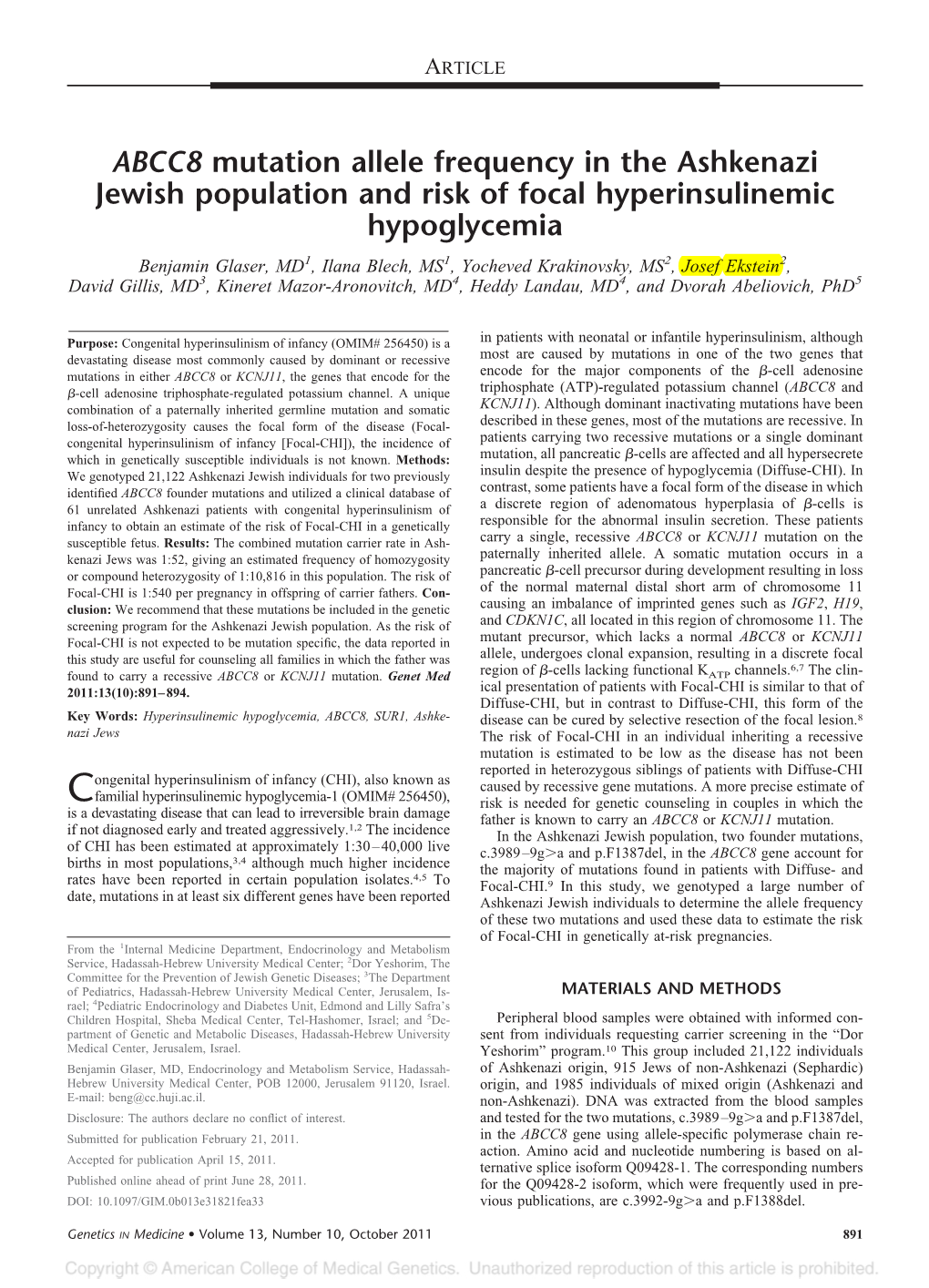 ABCC8 Mutation Allele Frequency in the Ashkenazi Jewish Population