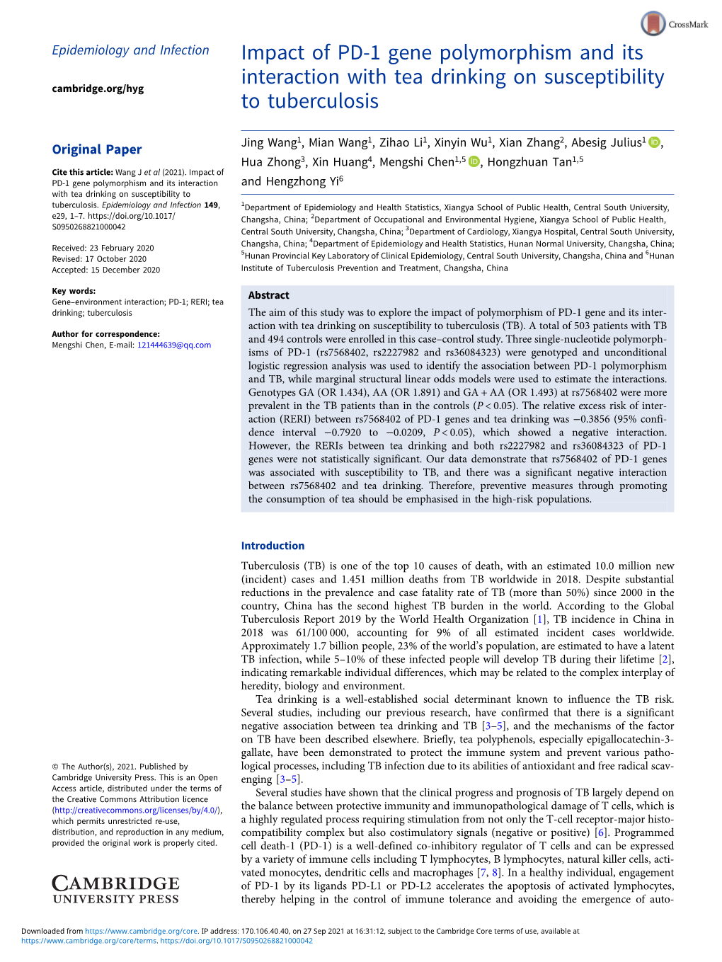 Impact of PD-1 Gene Polymorphism and Its Interaction with Tea Drinking on Susceptibility Cambridge.Org/Hyg to Tuberculosis