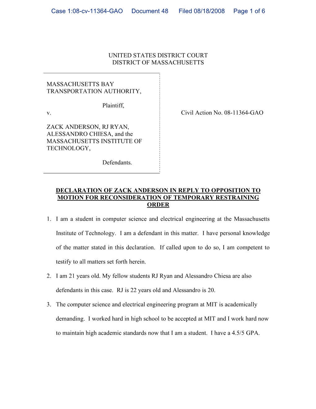 Case 1:08-Cv-11364-GAO Document 48 Filed 08/18/2008 Page 1 of 6