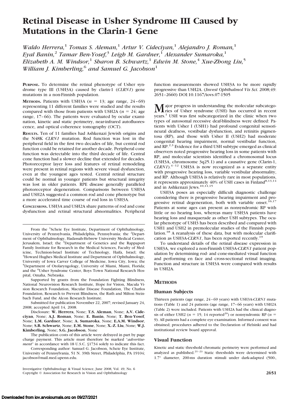 Retinal Disease in Usher Syndrome III Caused by Mutations in the Clarin-1 Gene