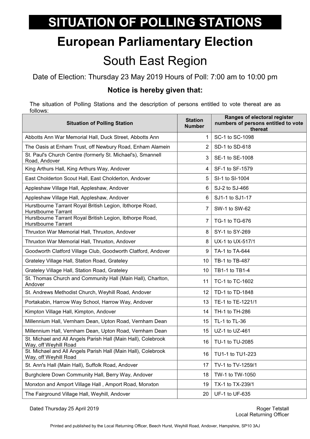 SITUATION of POLLING STATIONS European Parliamentary Election