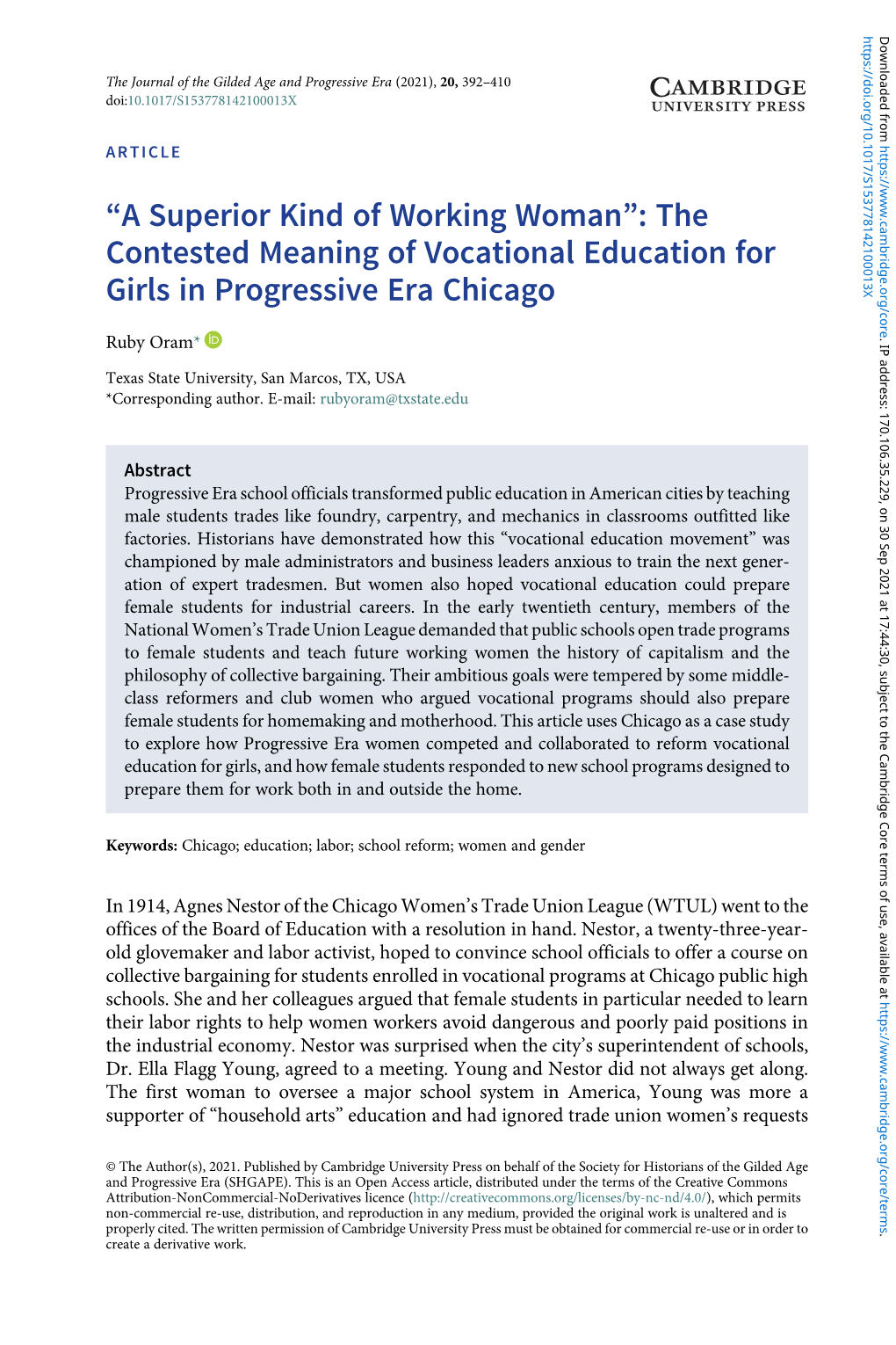 The Contested Meaning of Vocational Education for Girls in Progressive Era Chicago