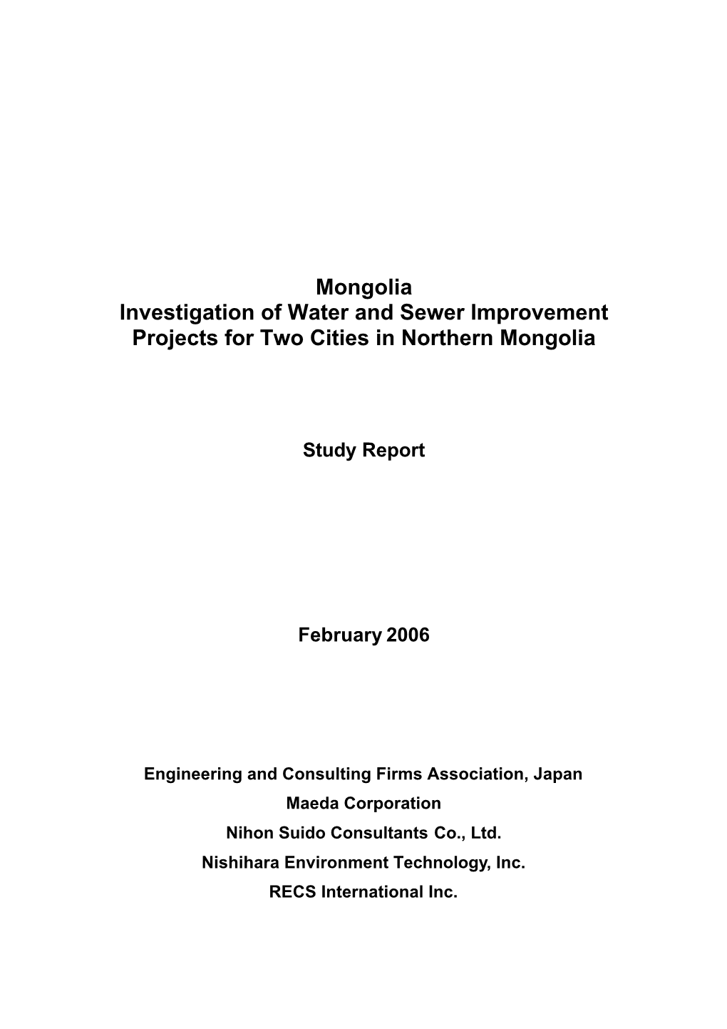 Mongolia Investigation of Water and Sewer Improvement Projects for Two Cities in Northern Mongolia