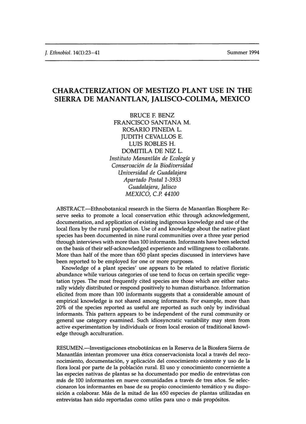 Characterization of Mestizo Plant Use in the Sierra De Manantlan, Jalisco-Colima, Mexico