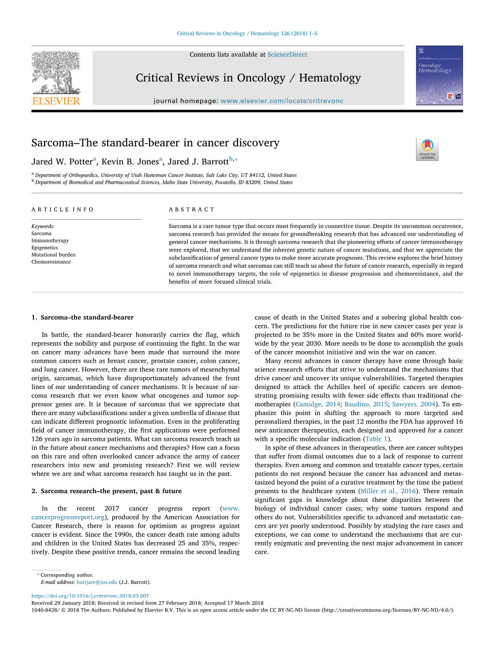 Sarcoma–The Standard-Bearer in Cancer Discovery T ⁎ Jared W