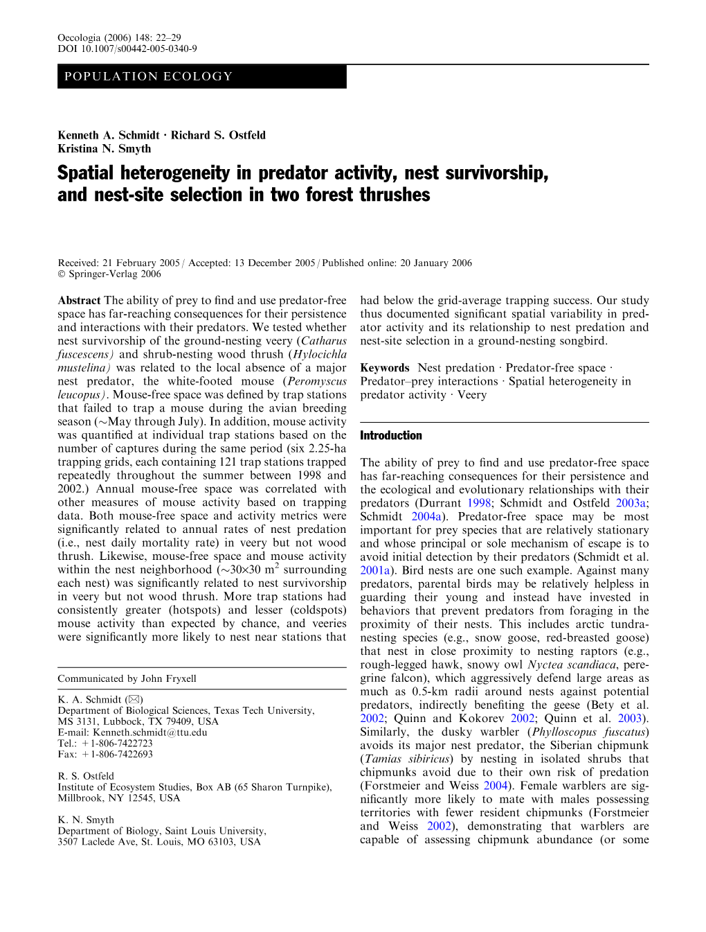 Spatial Heterogeneity in Predator Activity, Nest Survivorship, and Nest-Site Selection in Two Forest Thrushes