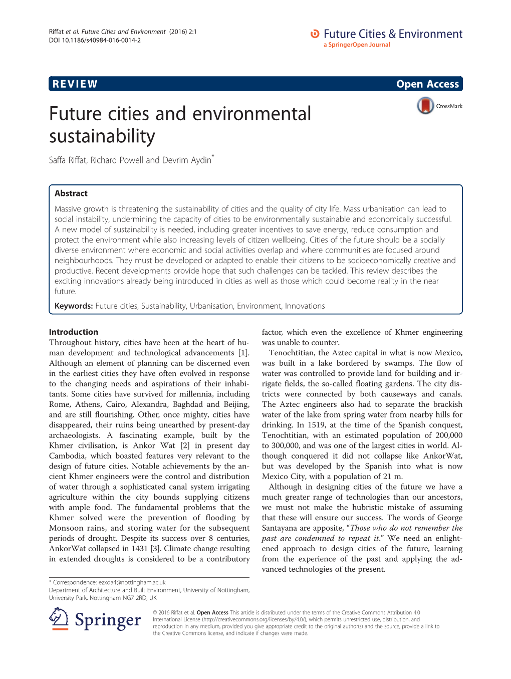 Future Cities and Environmental Sustainability Saffa Riffat, Richard Powell and Devrim Aydin*