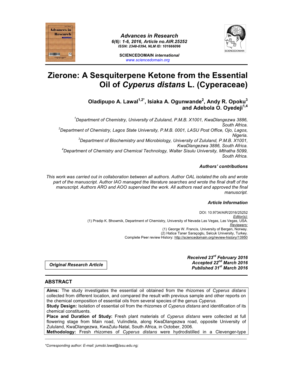 A Sesquiterpene Ketone from the Essential Oil of Cyperus Distans L. (Cyperaceae)