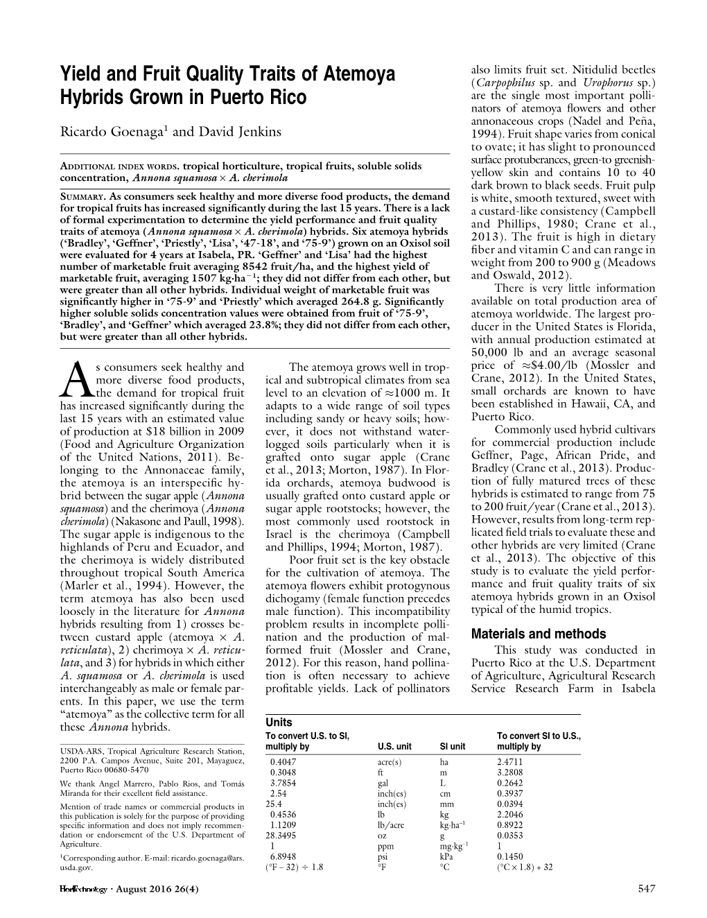 Yield and Fruit Quality Traits of Atemoya Hybrids Grown in Puerto