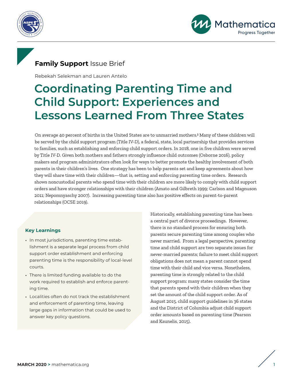 Coordinating Parenting Time and Child Support: Experiences and Lessons Learned from Three States