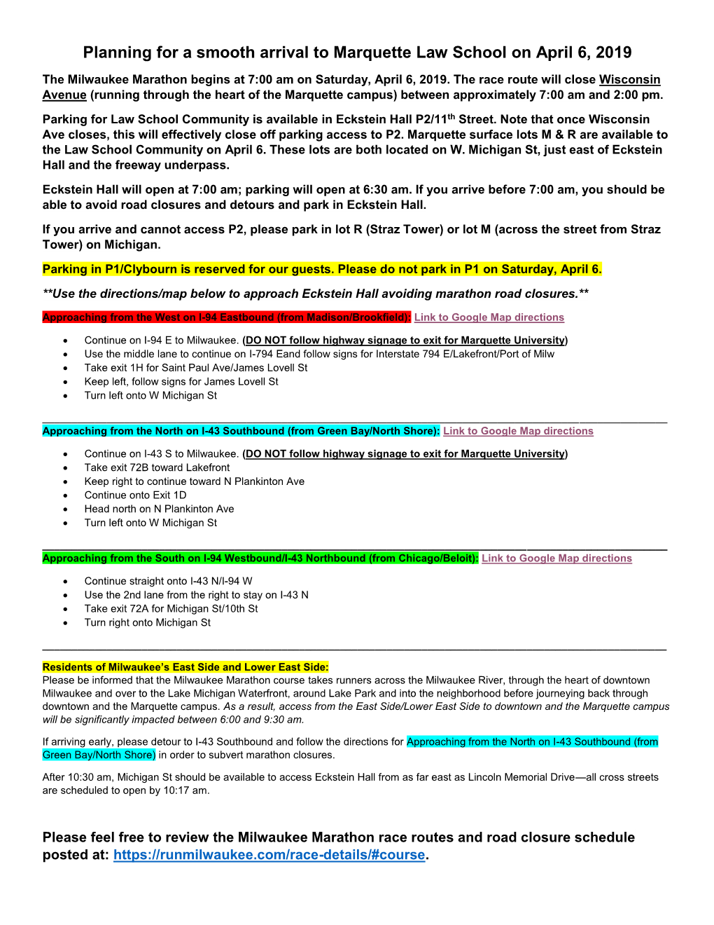 Planning for a Smooth Arrival to Marquette Law School on April 6, 2019