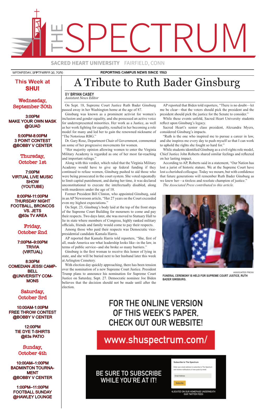 A Tribute to Ruth Bader Ginsburg SHU! by BRYAN CASEY Assistant News Editor Wednesday, September 30Th on Sept