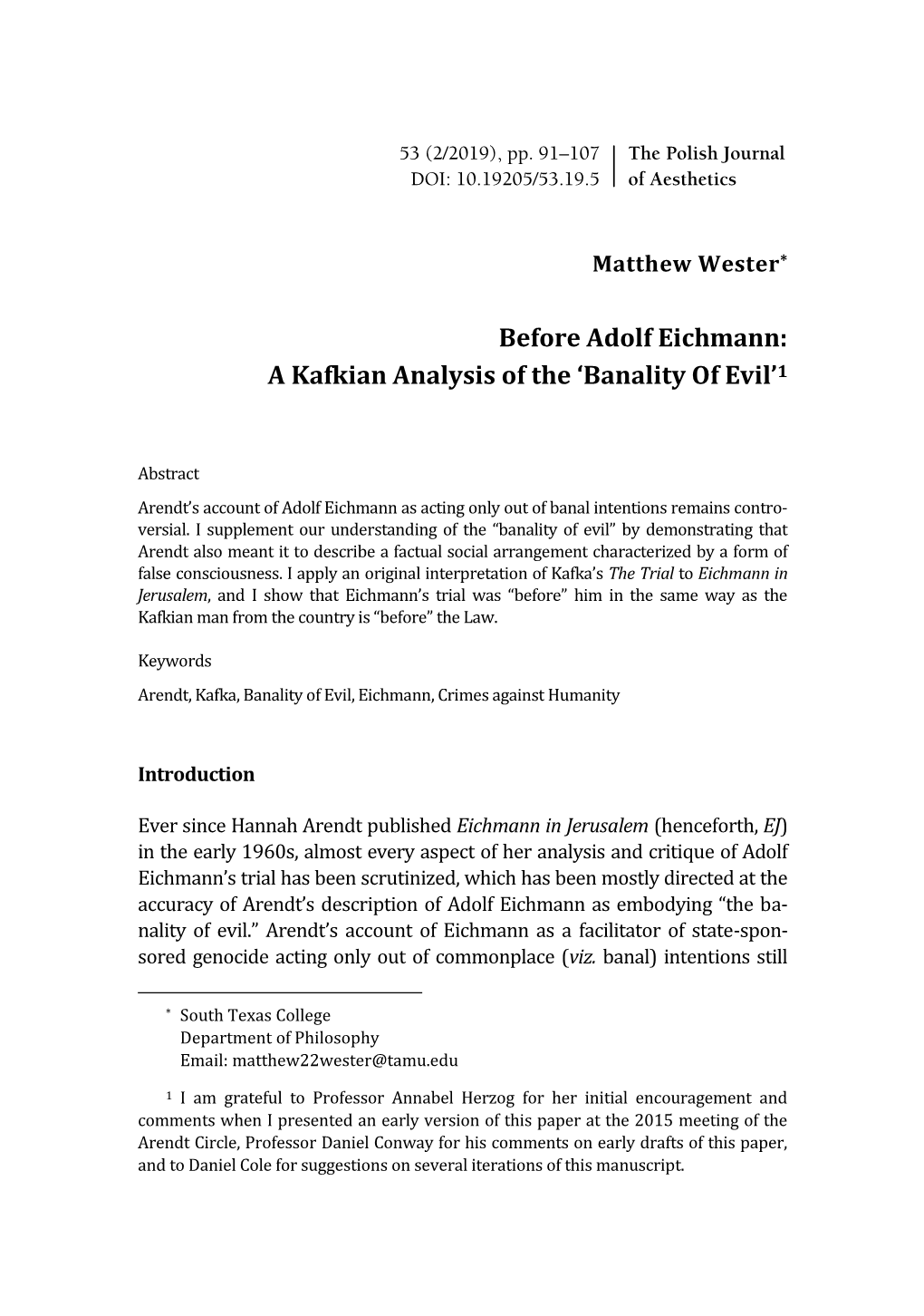 Before Adolf Eichmann: a Kafkian Analysis of the ‘Banality of Evil’1