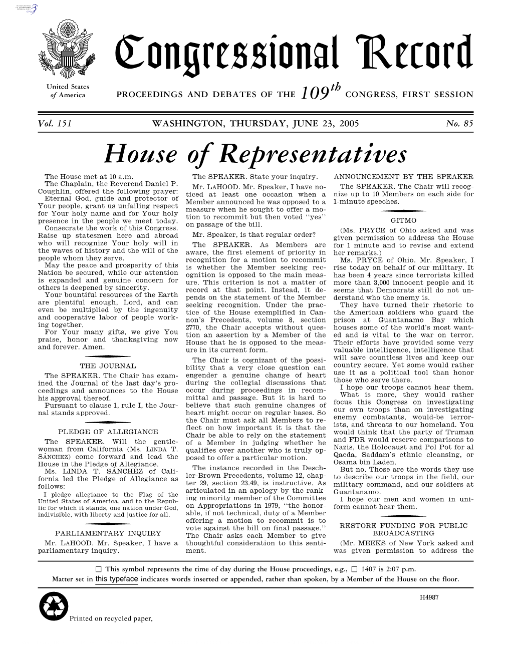 Congressional Record United States Th of America PROCEEDINGS and DEBATES of the 109 CONGRESS, FIRST SESSION