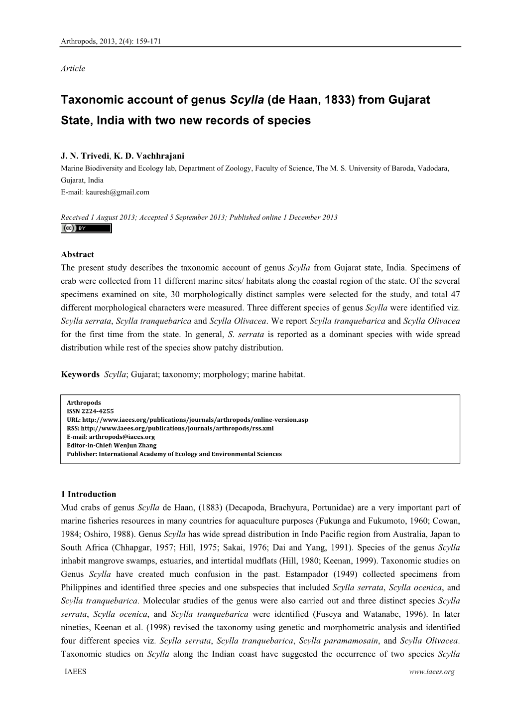 Taxonomic Account of Genus Scylla (De Haan, 1833) from Gujarat State, India with Two New Records of Species