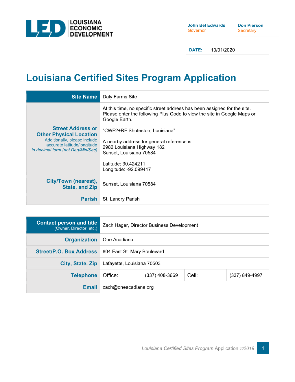 Louisiana Certified Sites Program Application