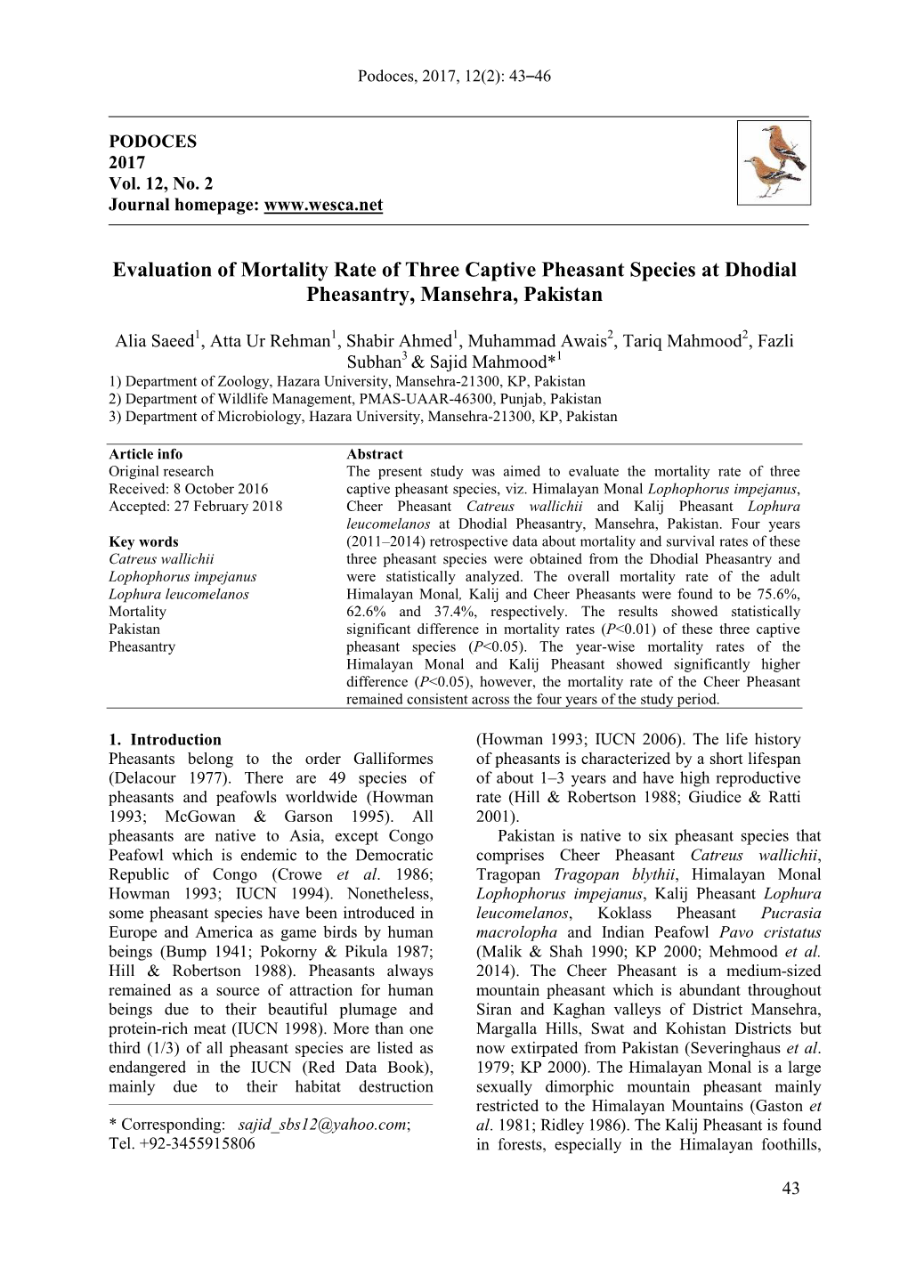 Evaluation of Mortality Rate of Three Captive Pheasant Species at Dhodial Pheasantry, Mansehra, Pakistan