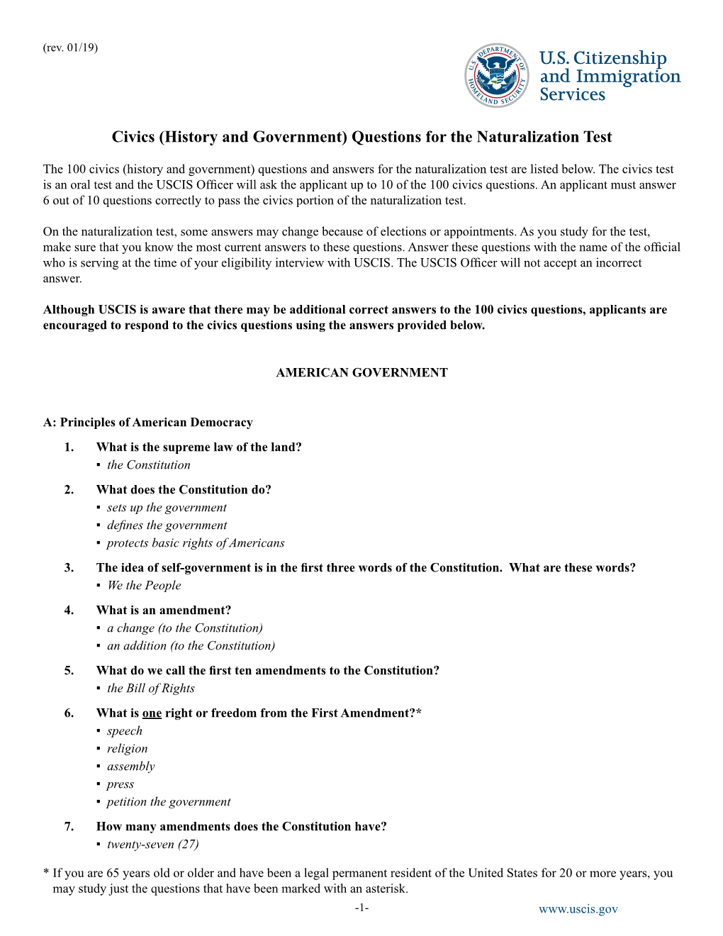 Civics (History and Government) Questions for the Naturalization Test