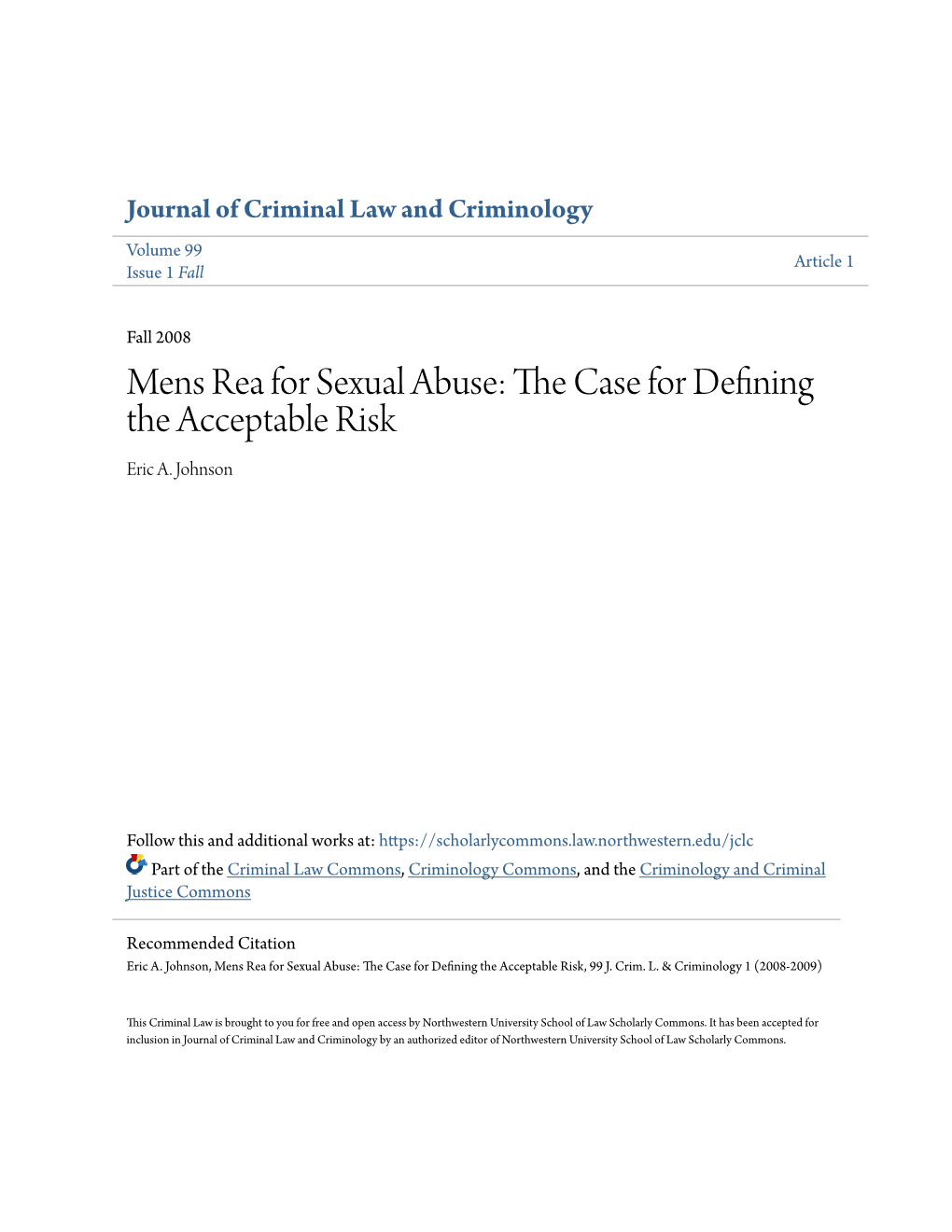 Mens Rea for Sexual Abuse: the Ac Se for Defining the Acceptable Risk Eric A