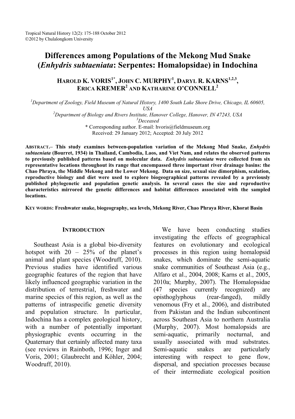 Differences Among Populations of the Mekong Mud Snake (Enhydris Subtaeniata: Serpentes: Homalopsidae) in Indochina