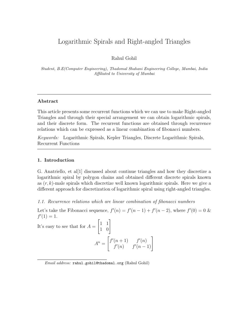 Logarithmic Spirals and Right-Angled Triangles