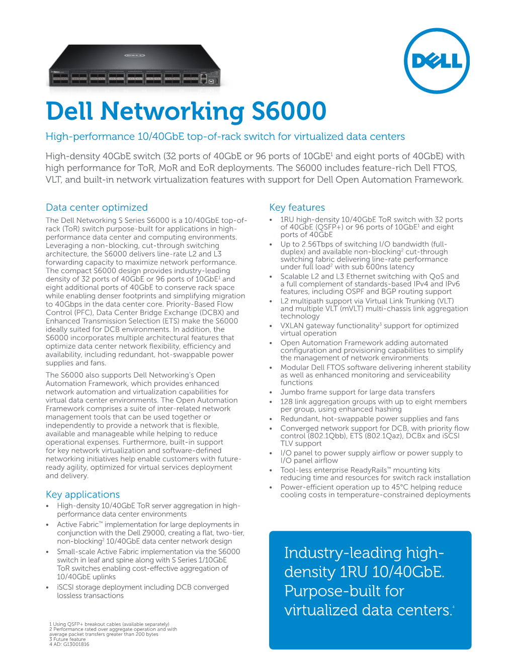 Dell Networking S6000 High-Performance 10/40Gbe Top-Of-Rack Switch for Virtualized Data Centers