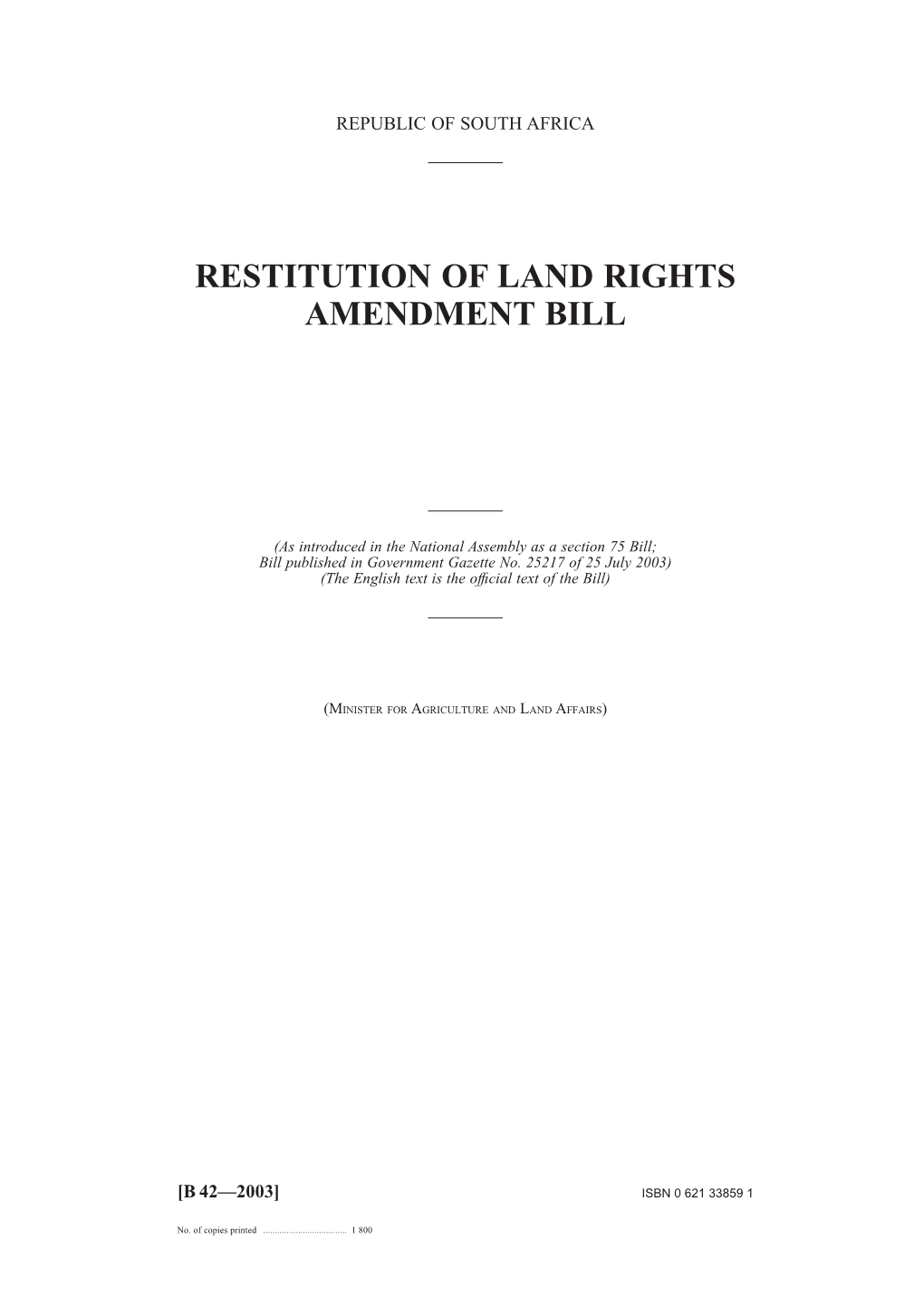 Restitution of Land Rights Amendment Bill