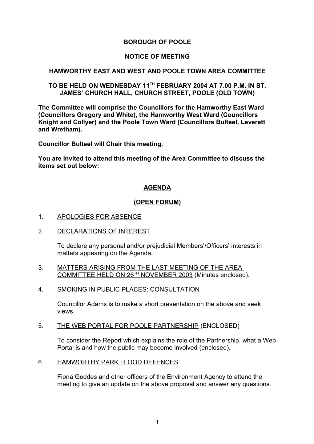 Agenda - Hamworthy East and West and Poole Town Area Committee - 11Th February 2004