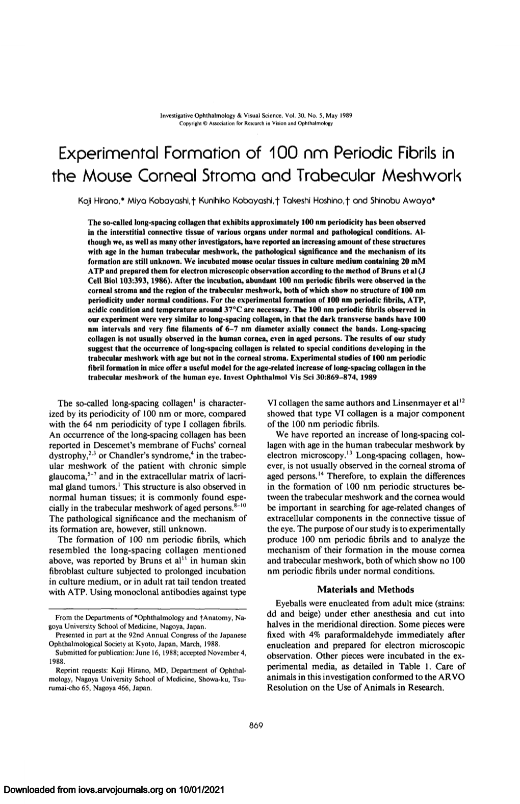 Experimental Formation of 100 Nm Periodic Fibrils in the Mouse Corneal Stroma and Trabecular Meshwork