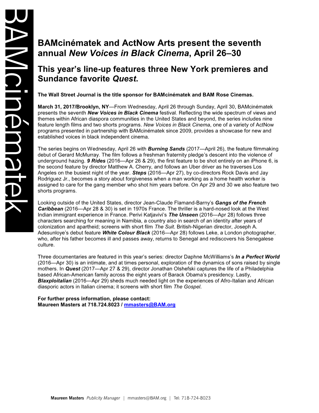 Bamcinématek and Actnow Arts Present the Seventh Annual New Voices in Black Cinema, April 26–30