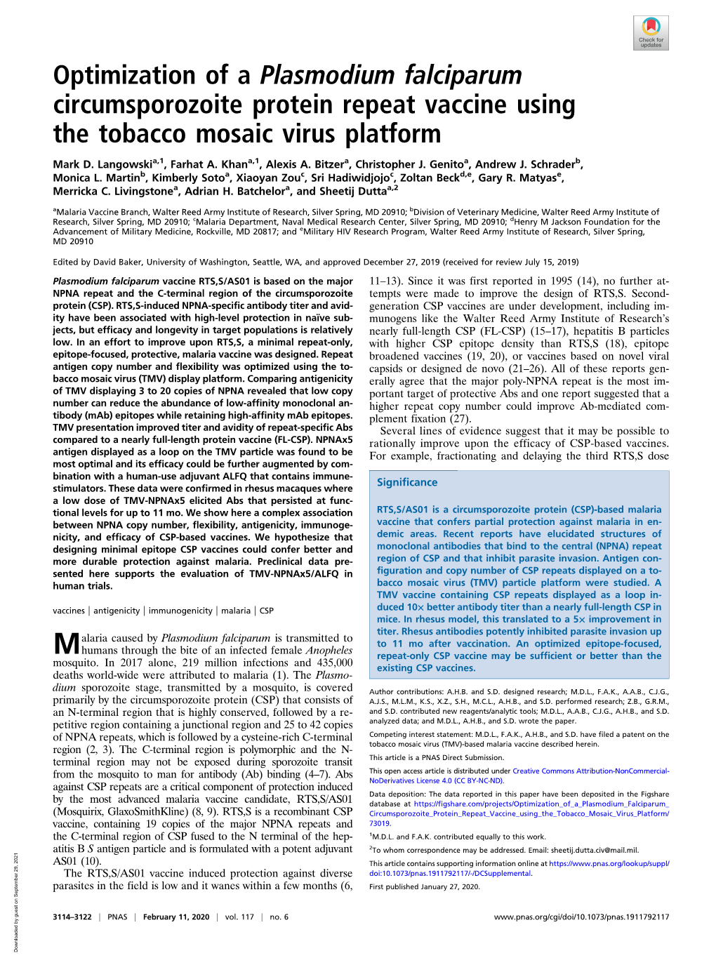 Optimization of a Plasmodium Falciparum Circumsporozoite Protein Repeat Vaccine Using the Tobacco Mosaic Virus Platform