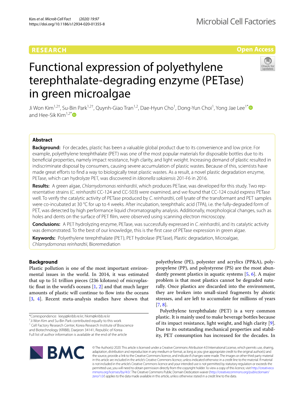 (Petase) in Green Microalgae Ji Won Kim1,2†, Su‑Bin Park1,2†, Quynh‑Giao Tran1,2, Dae‑Hyun Cho1, Dong‑Yun Choi1, Yong Jae Lee1* and Hee‑Sik Kim1,2*