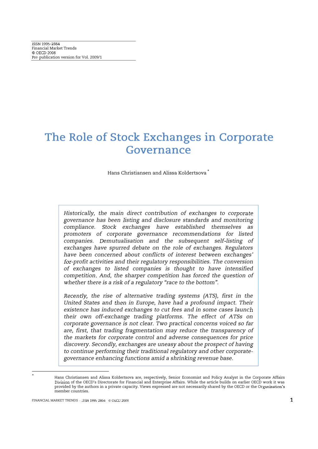 The Role of Stock Exchange in Corporate Governance