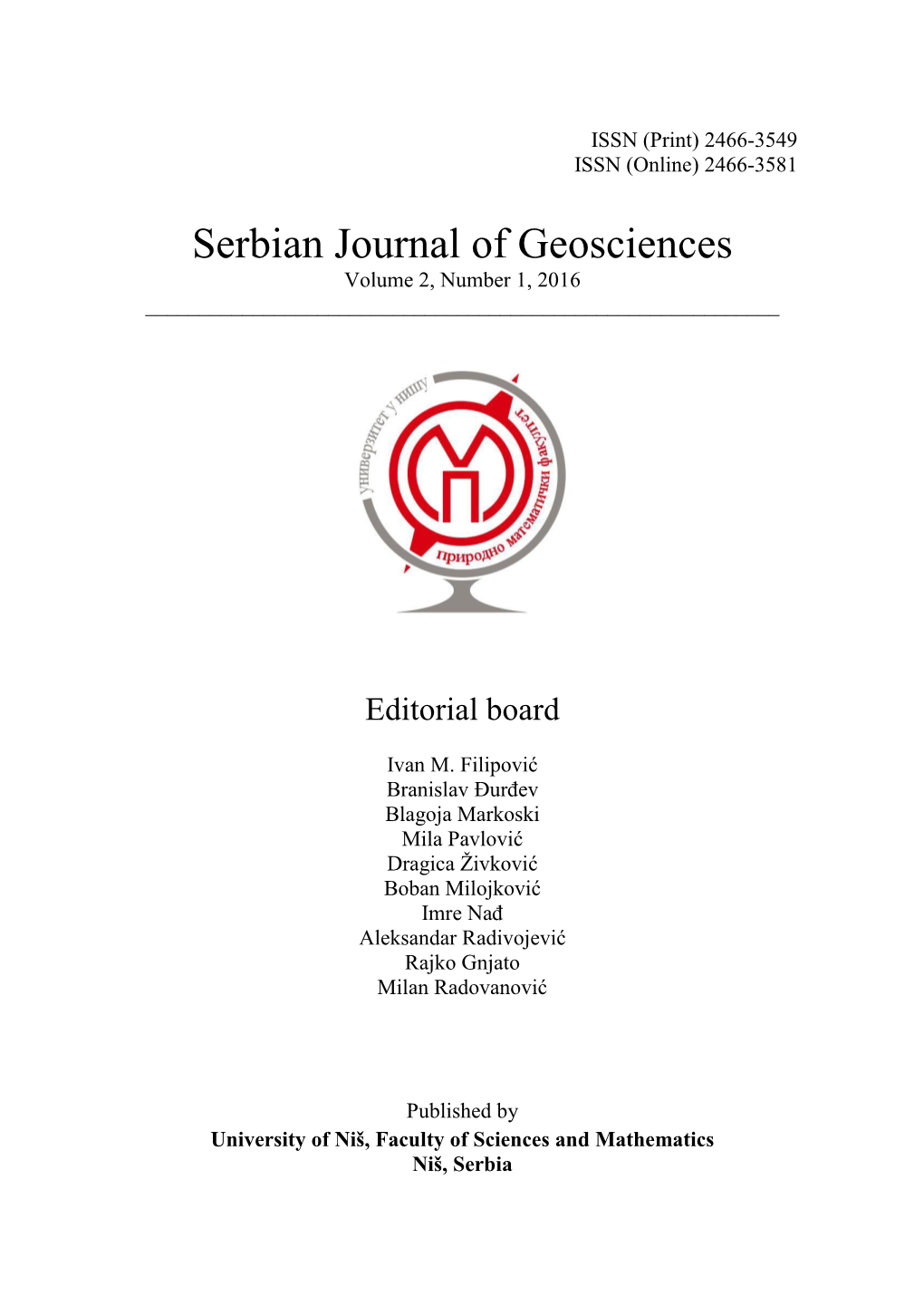 Serbian Journal of Geosciences Volume 2, Number 1, 2016 ______