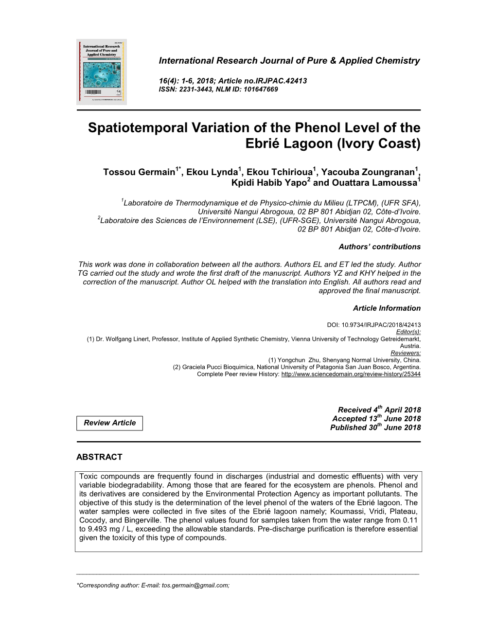 Spatiotemporal Variation of the Phenol Level of the Ebrié Lagoon (Ivory Coast)