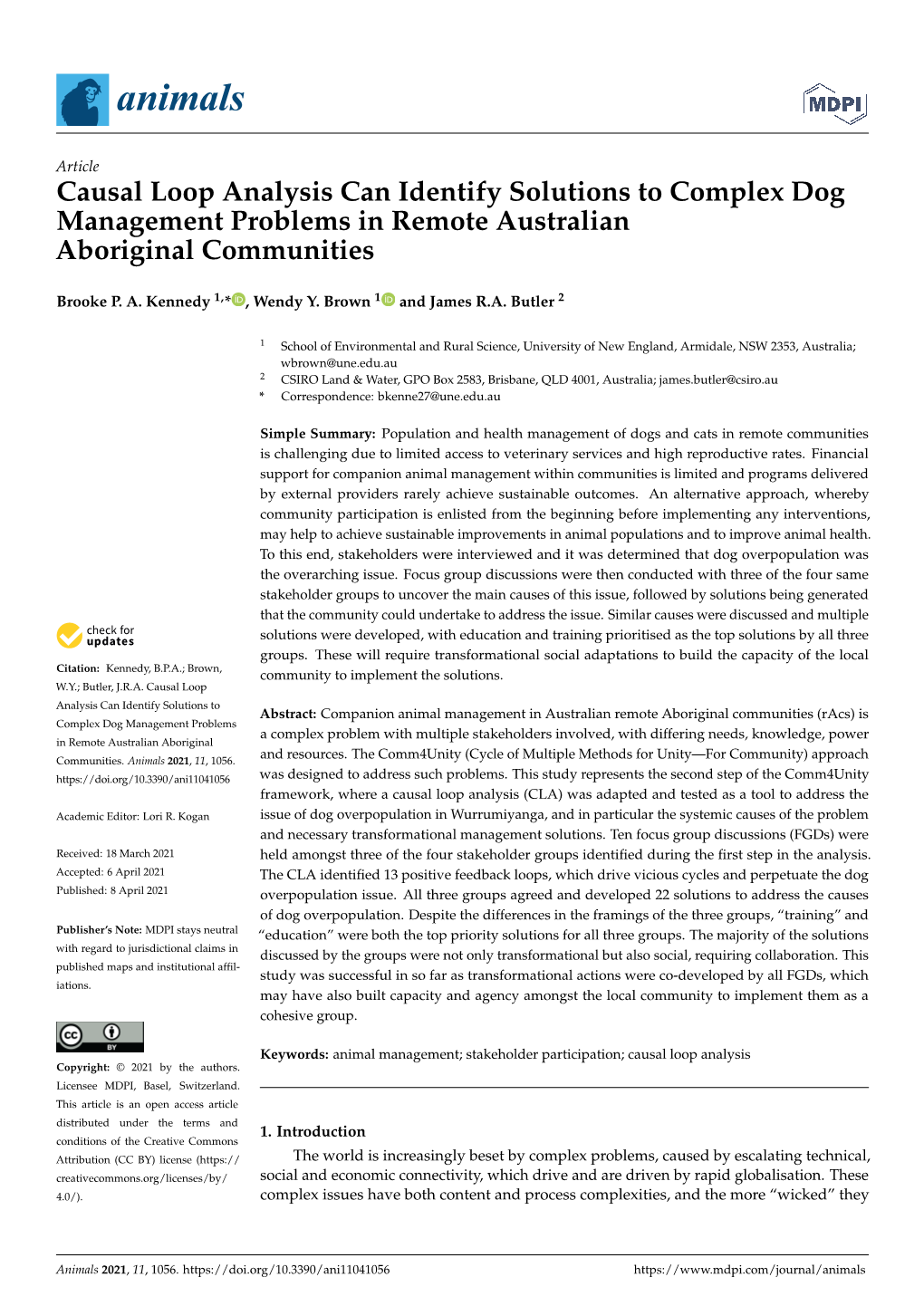 Causal Loop Analysis Can Identify Solutions to Complex Dog Management Problems in Remote Australian Aboriginal Communities