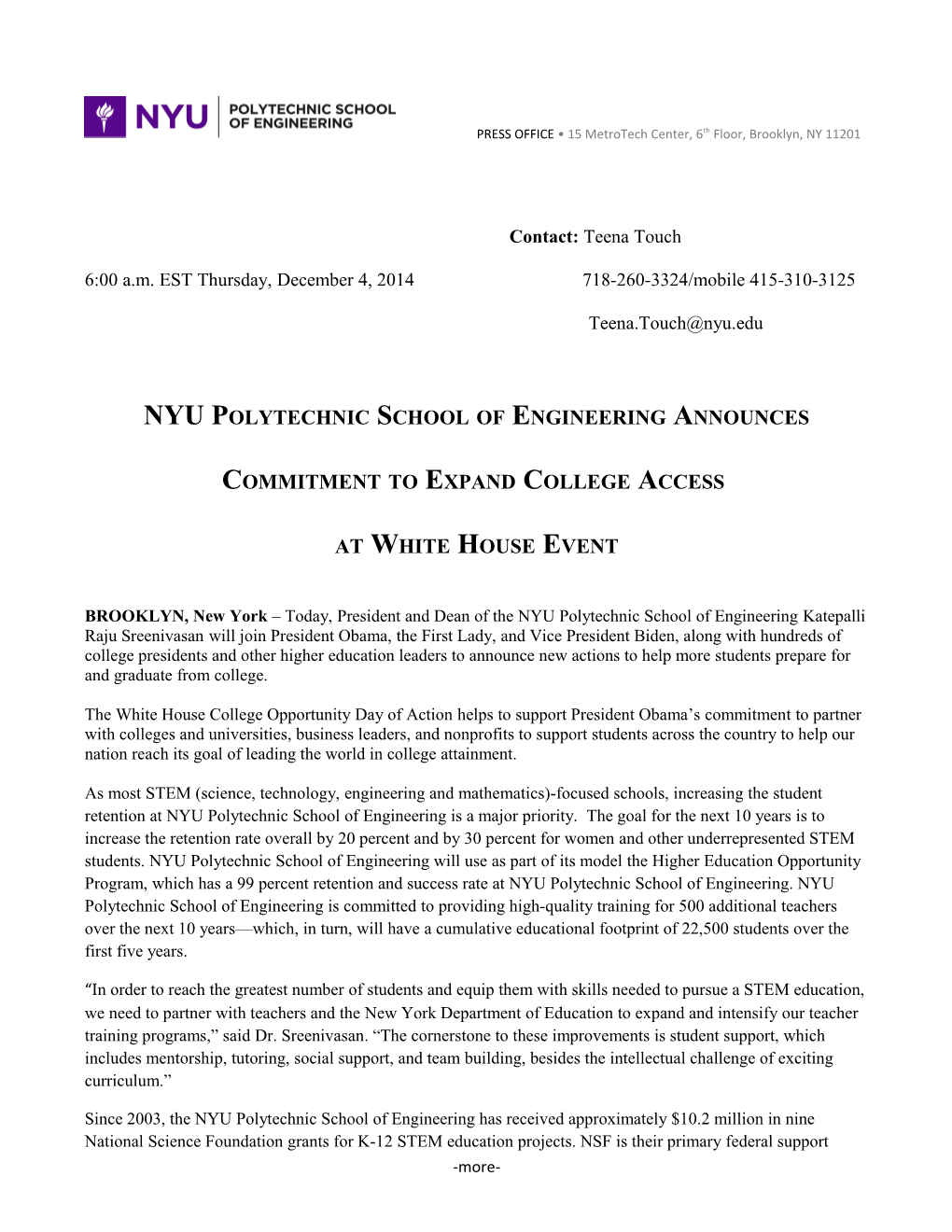 NYU Polytechnic School of Engineering Announces