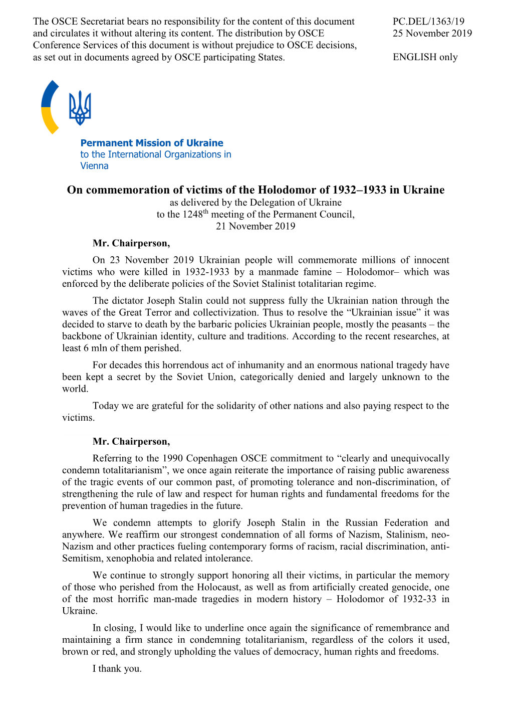 On Commemoration of Victims of the Holodomor of 1932–1933 in Ukraine