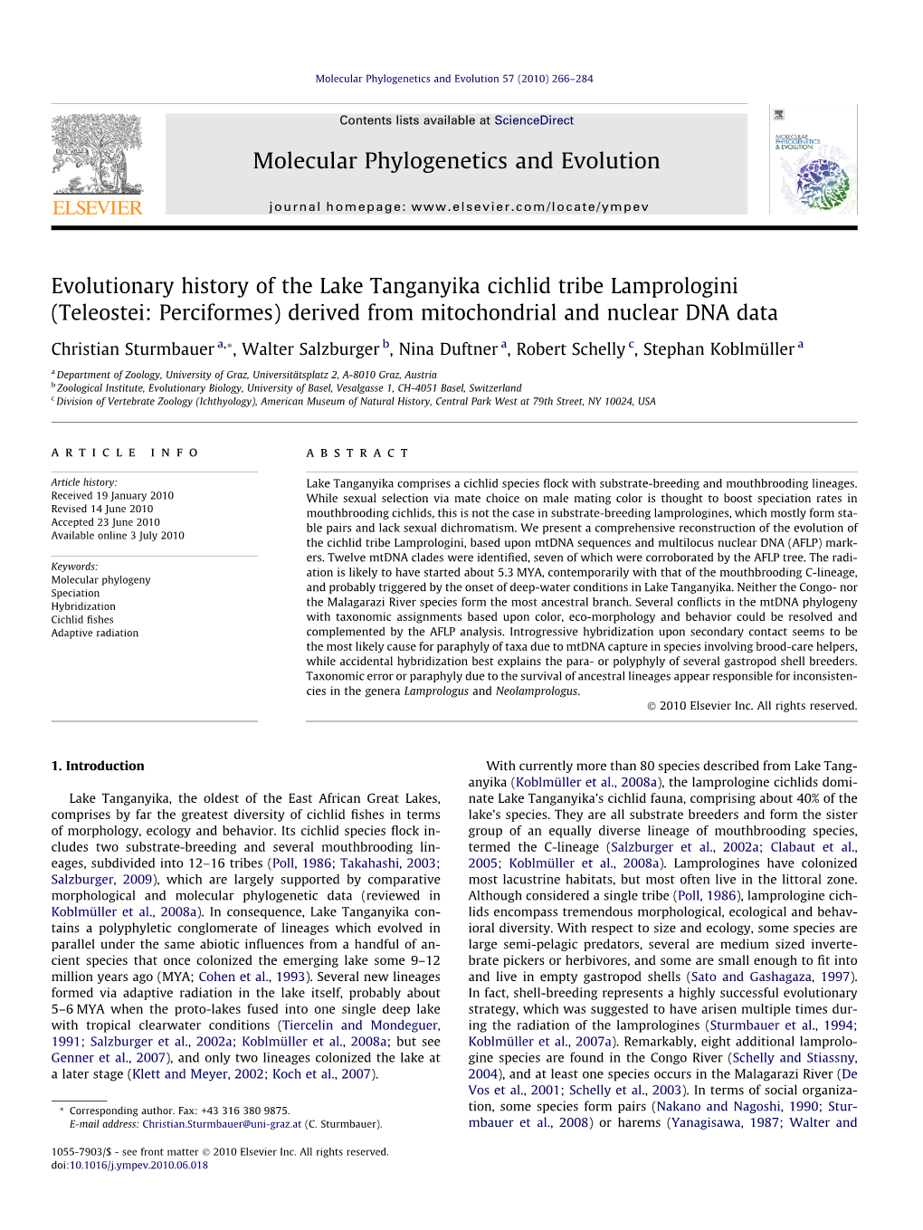 Evolutionary History of the Lake Tanganyika Cichlid Tribe Lamprologini (Teleostei: Perciformes) Derived from Mitochondrial and Nuclear DNA Data